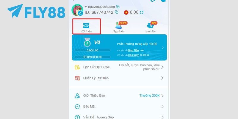 Rút Tiền FLY88: Hướng Dẫn Chi Tiết Và Mẹo Giao Dịch Nhanh 9 Chọn mục rút tiền trên trang cá nhân FLY88