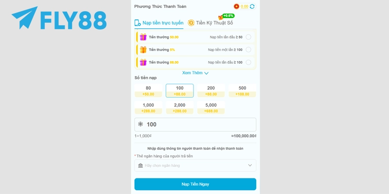 Cách Nạp Tiền FLY88 Siêu Tốc Với 3 Kênh Thanh Toán Online 13 Nhập số điểm cần quy đổi ví dụ 100~100.000VND