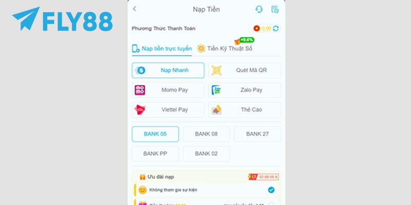 Cách Nạp Tiền FLY88 Siêu Tốc Với 3 Kênh Thanh Toán Online 12 Vào trang cá nhân FLY88 và chọn phương thức nạp nhanh